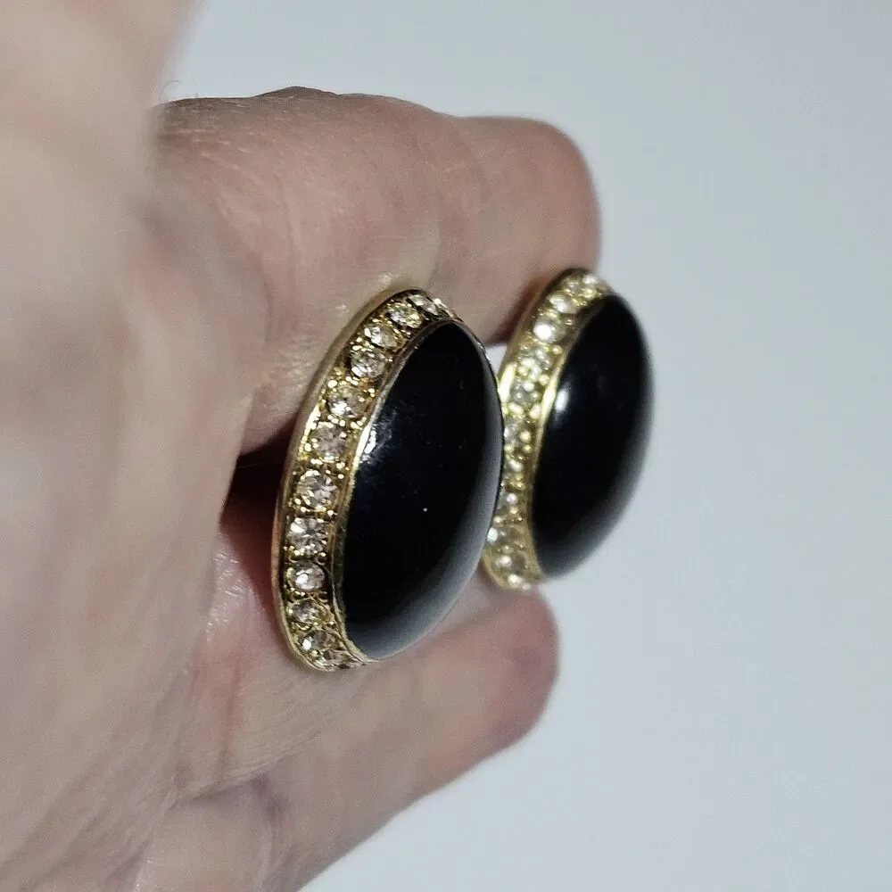 Vtg Gold Tone Cufflinks Black Carbochon Circle Stone Clear Rhinestone Accents